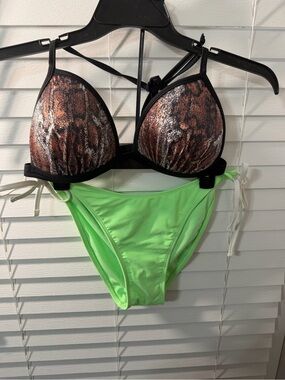 VENUS and exhilaration Bikini Set - Brown Snake Print Top & Neon Green Bottom